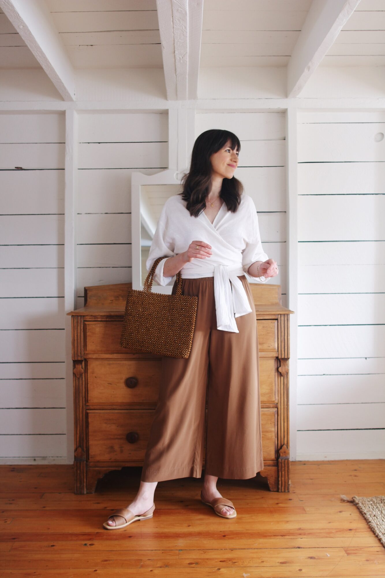 Style Bee - WRAP TOP, SILK PANTS, BEADED BAG AND CROSS STRAP SANDAL