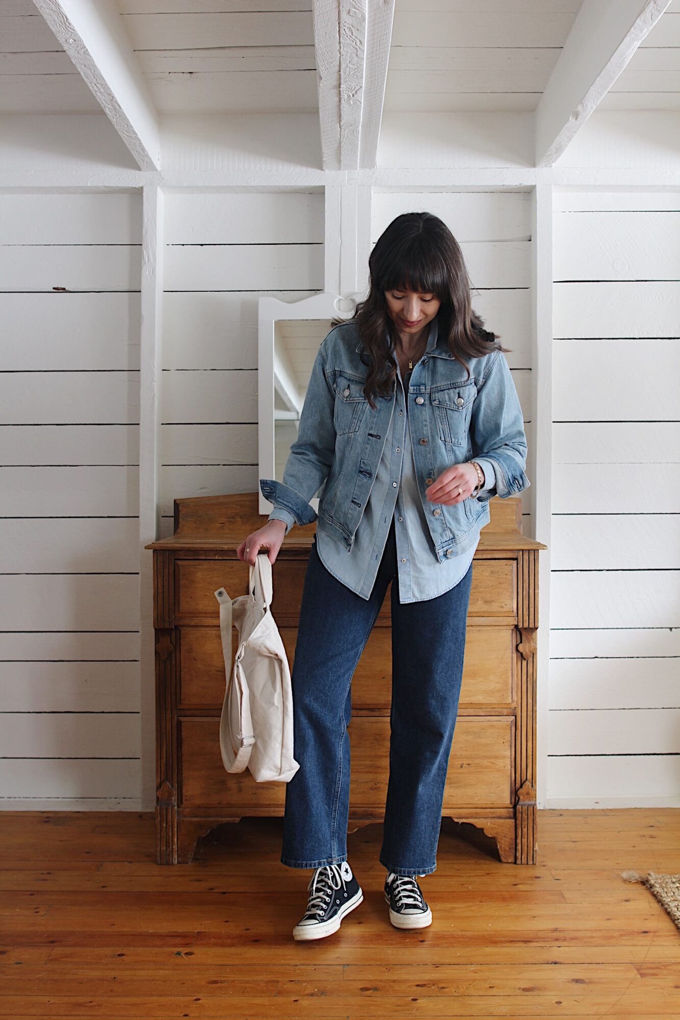 Style Bee - DENIM JACKET, CHAMBRAY SHIRT, STRAIGHT LEG JEANS AND CONVERSE HIGH TOPS