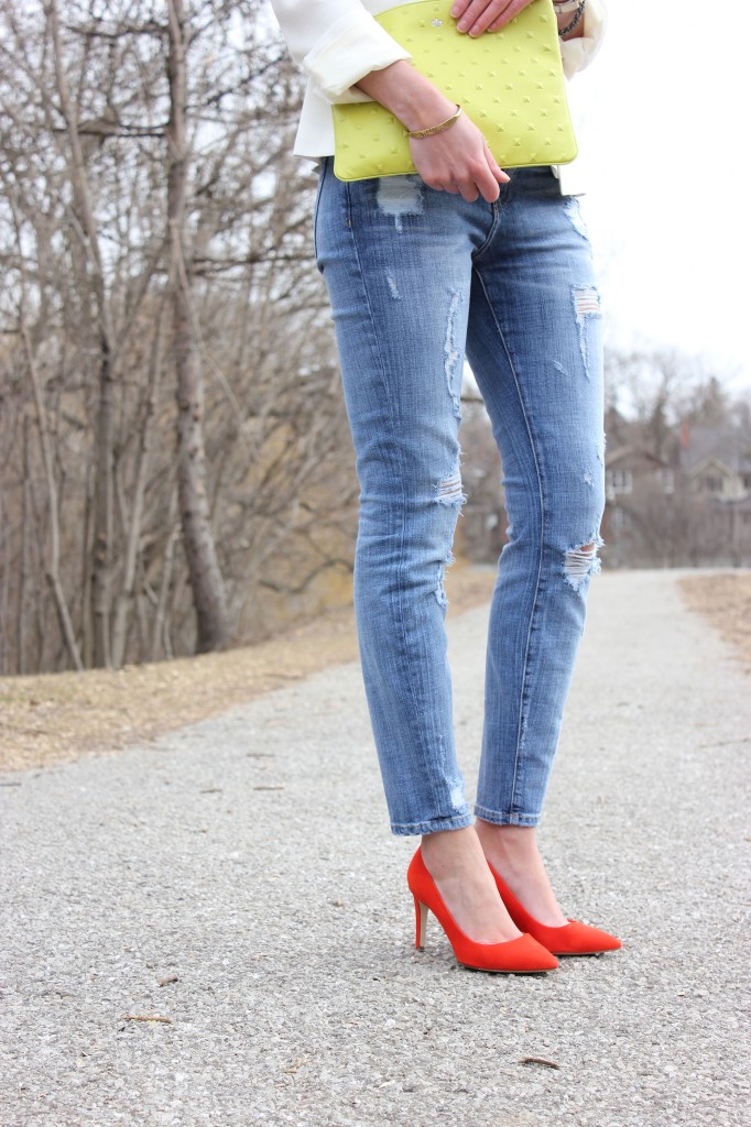 Girls jeans and red heels