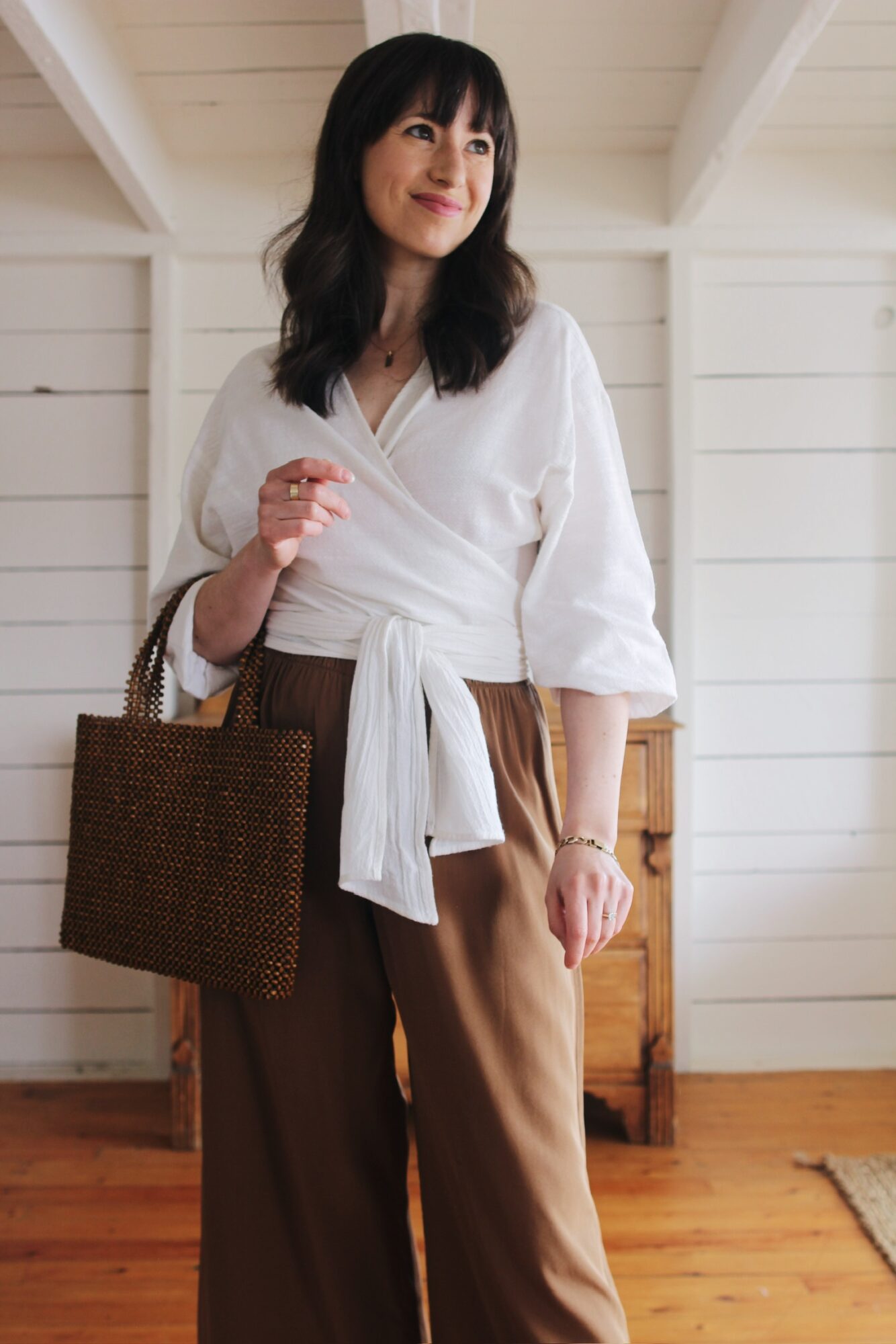 Style Bee - WRAP TOP, SILK PANTS, BEADED BAG AND CROSS STRAP SANDAL